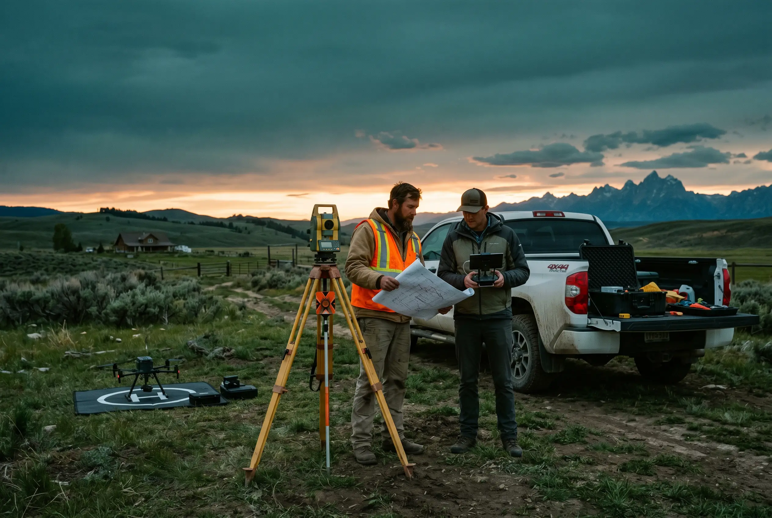 Licensed land surveyor with a total station reviewing plans alongside a drone operator on Mountain West ranchland