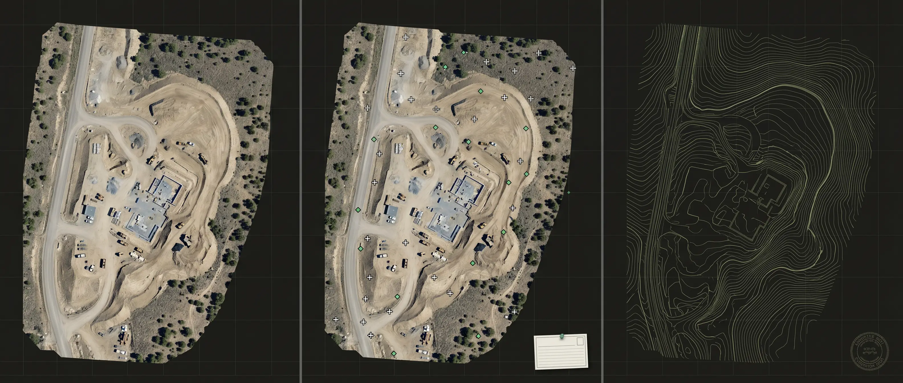 Three panels distinguish produced-to mapping, tested-to checkpoint evidence, and licensed survey responsibility