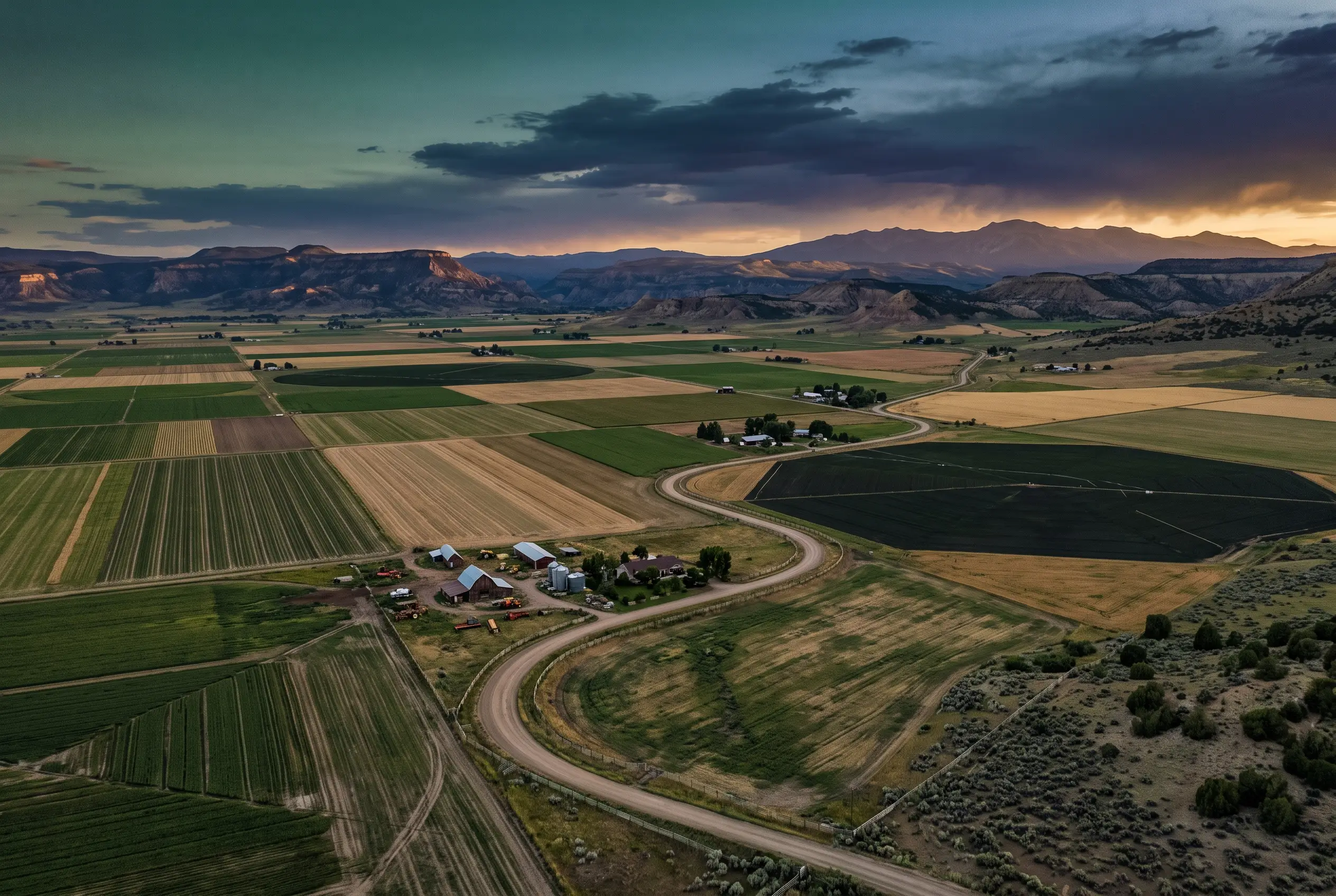 Aerial view of agricultural fields and rangeland at dusk