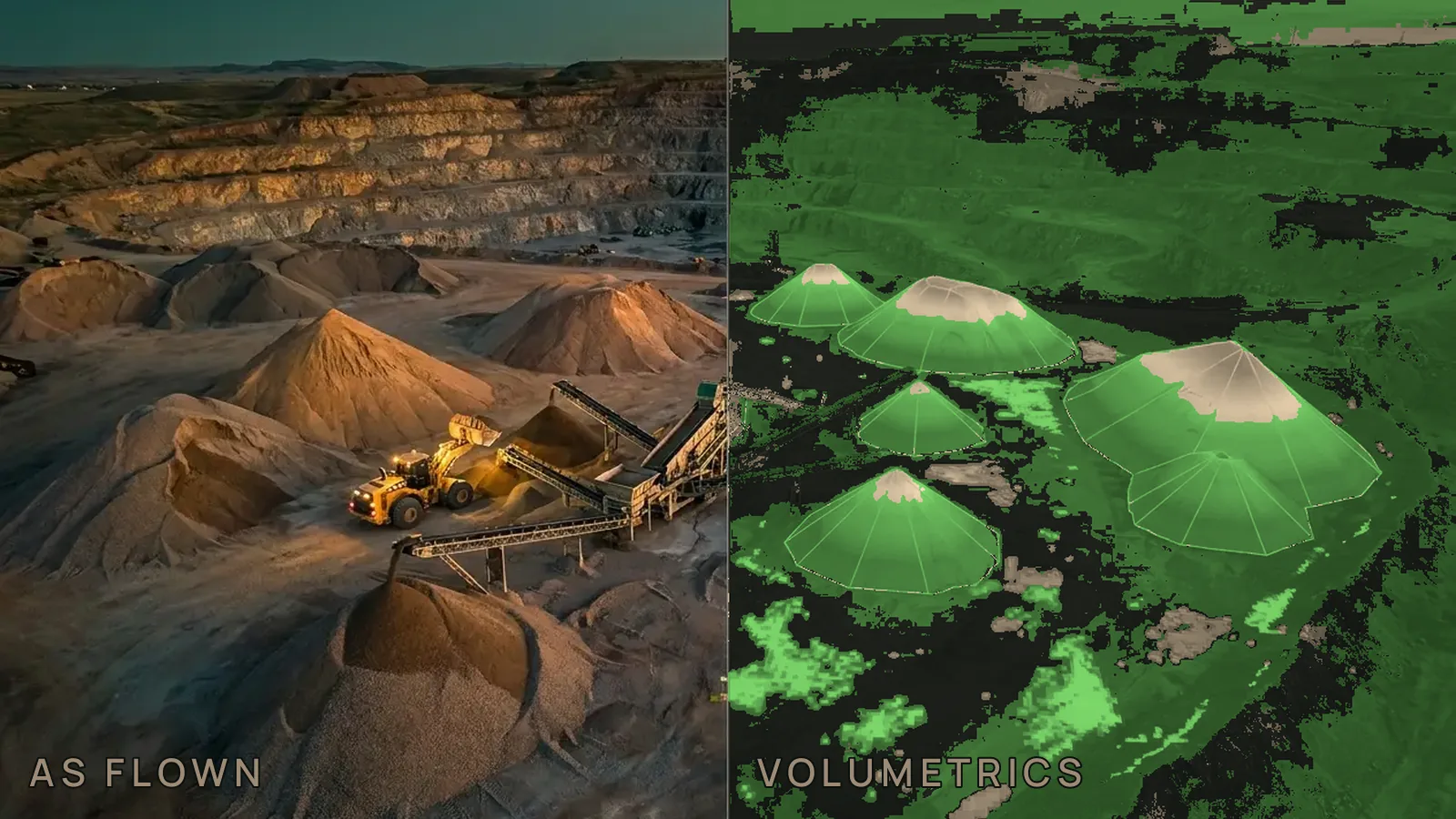 An aggregate yard as flown beside the same stockpiles measured as volumes.