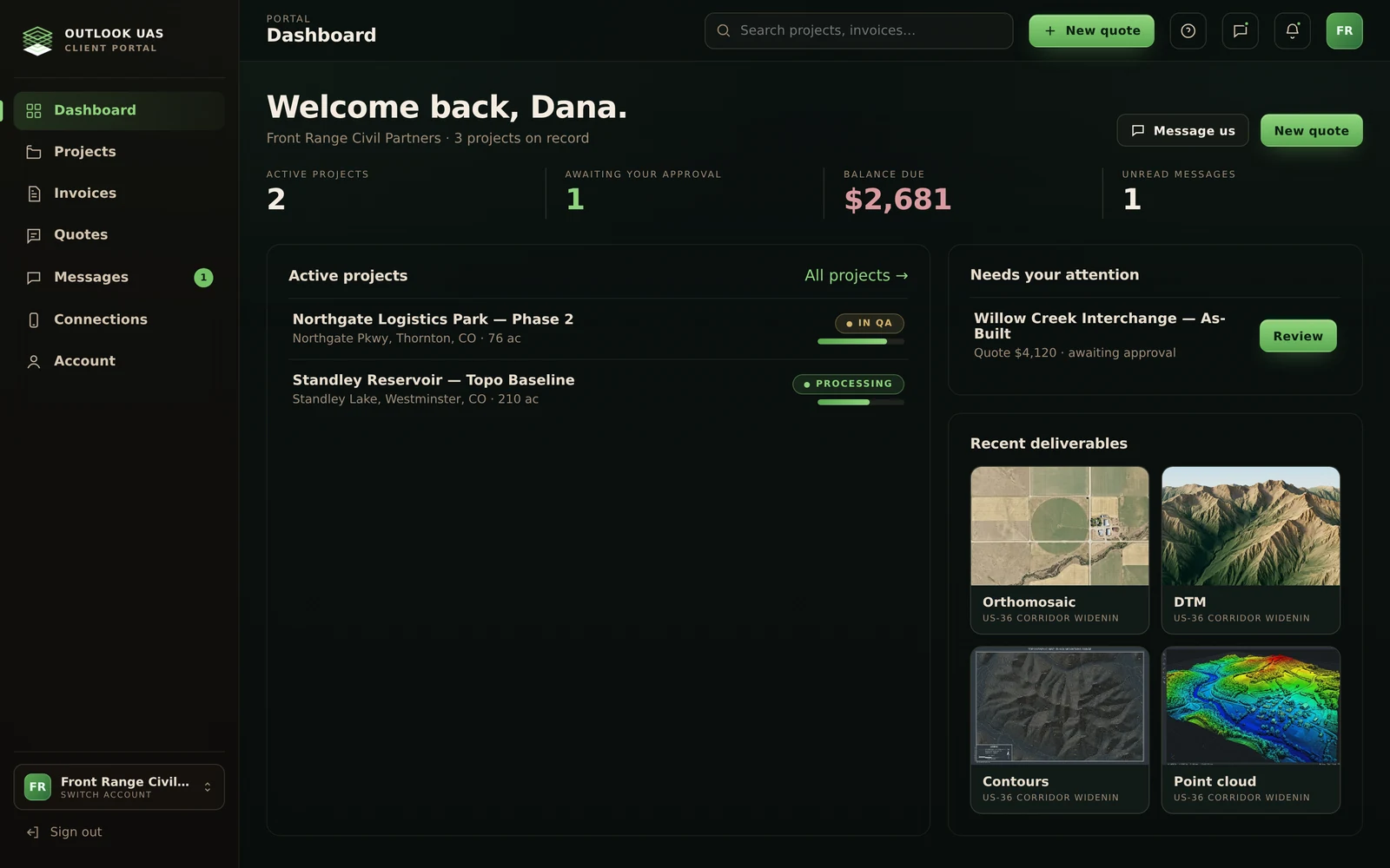 The client portal dashboard, showing a quote and its deliverables