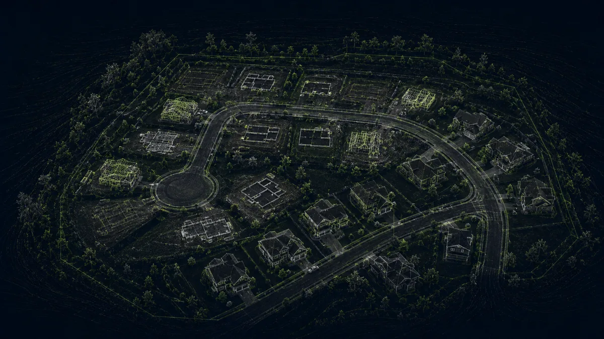 Aerial progress view of a residential subdivision, a large recurring in-house program