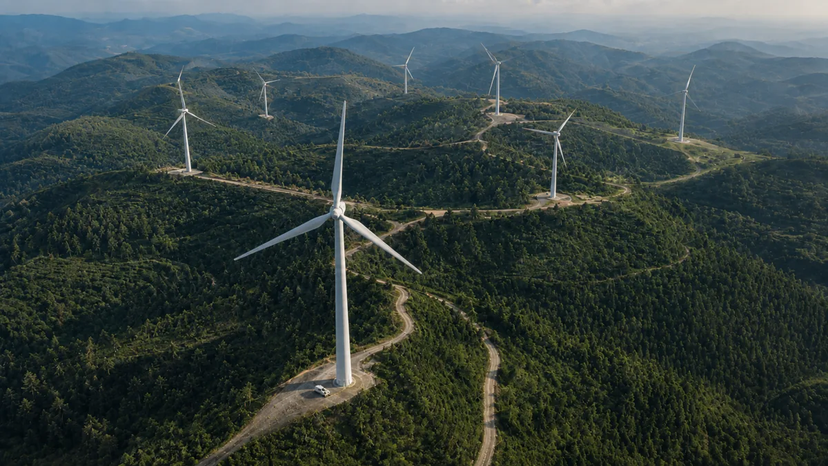 Aerial view of a wind farm across forested ridges, a demanding UAS operating environment